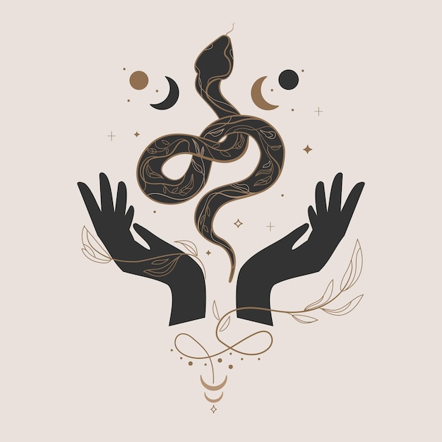 Arte esotérica com uma lua de cobra e mãos abertas Ilustração vetorial de design conceitual místico