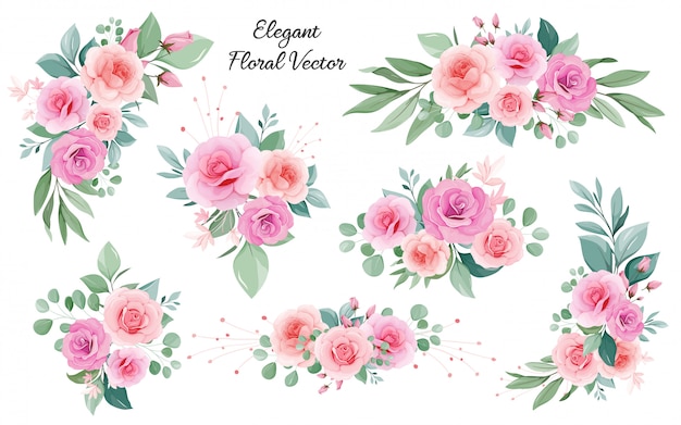 Arte floral decoração de rosas de pêssego e blush, folhas, galhos