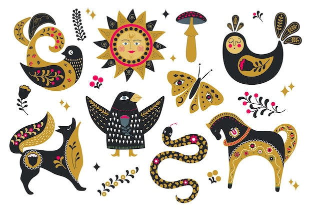 Vetor arte folclórica com animais vetores pássaros e sol em estilo escandinavo estilo russo cultura eslava