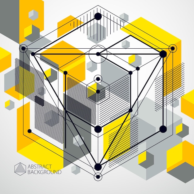 Arte geométrica criativa abstrata com uma variedade de elementos geométricos de fundo amarelo, ilustração vetorial. Plano de perspectiva do mecanismo, esquema. Fundo perfeito para seus projetos de design