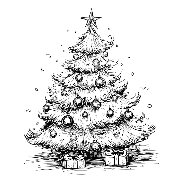 Vetor arte gráfica da árvore de natal com ilustração vetorial desenhada à mão de doodle de linha