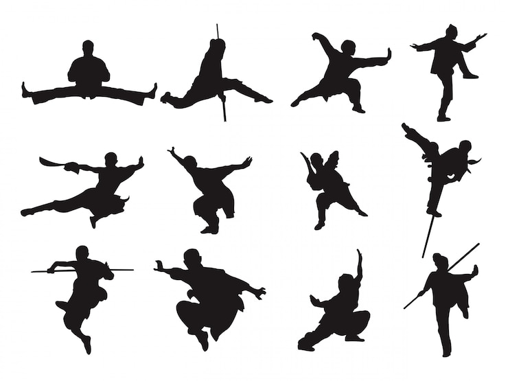 Vetor arte marcial asiática da silhueta do estilo da vara da espada do guerreiro de kungfu