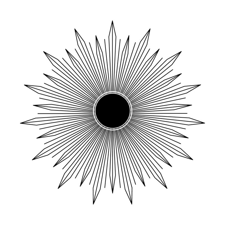 Vetor arte mística desenhada à mão sol em linha raios de luz solar símbolo espiritual espaço celestial talismã mágico estilo antigo boho tatuagem emblema logotipo ilustração vetorial isolada em fundo branco