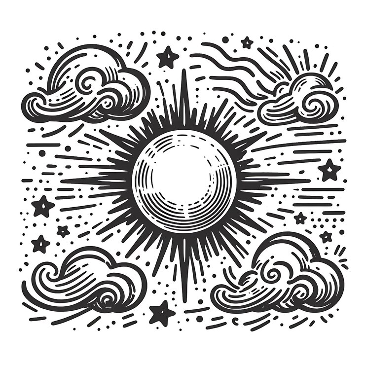 Vetor arte mística desenhada à mão sol em linha símbolo espiritual espaço celestial talisman mágico estilo antigo