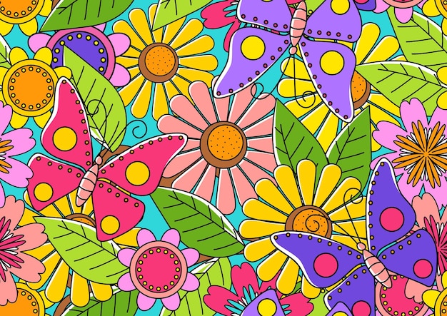 Arte mural do doodle de borboletas e flores