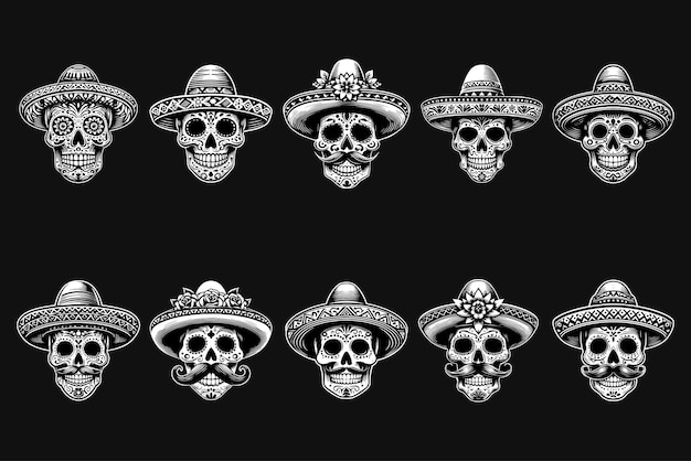 Vetor arte negra cabeça de crânio mexicano com chapéu tradicional ilustração em preto e branco