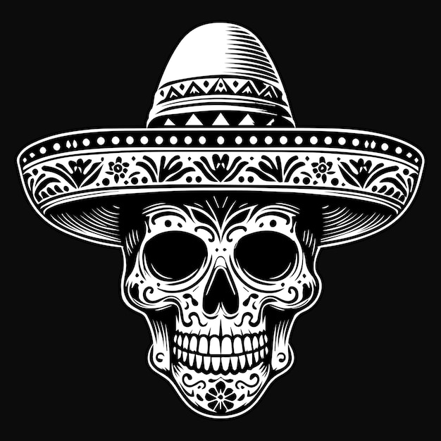 Arte negra cabeça de crânio mexicano com chapéu tradicional ilustração em preto e branco