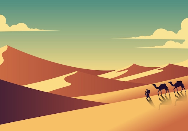 Arte vetorial de paisagens do deserto com dunas de areia camelos e uma pessoa Perfeito para projetos com temas islâmicos