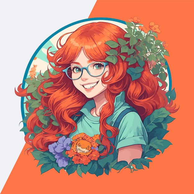 Arte vetorial floral de menina ruiva excêntrica para logotipos adesivos modelos de camiseta