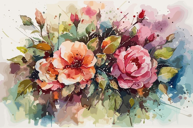 Arte vetorial floral em aquarela preta pintura salpicos coloridos fundo flor folha buquê