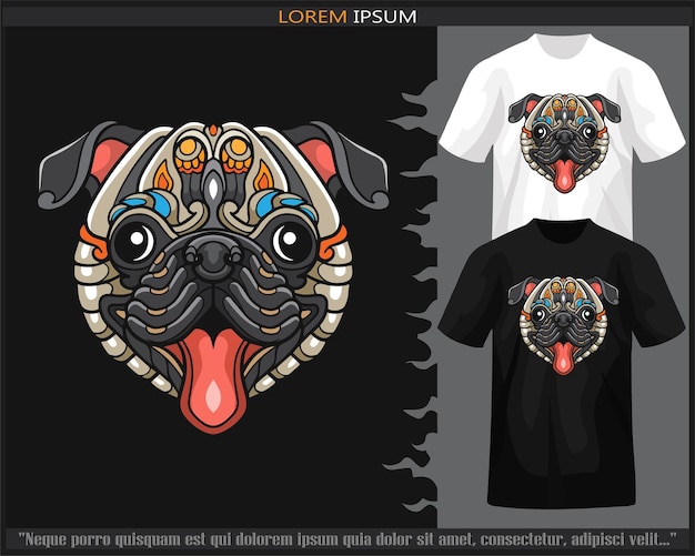 Artes coloridas de mandala de cabeça de cachorro pug isoladas em camiseta preto e branco