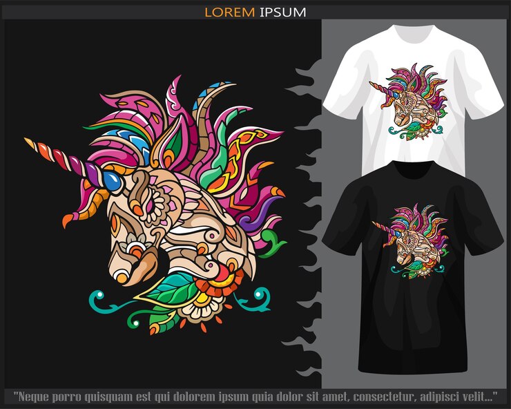 Vetor artes de mandala de cabeça de unicórnio isoladas em camiseta preto e branco