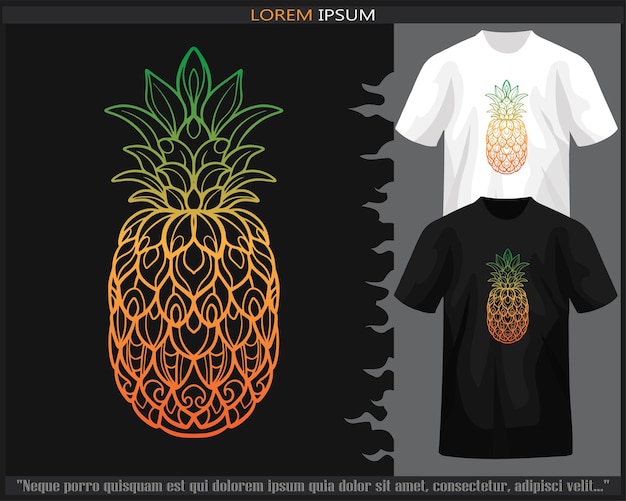 Artes de mandala de frutas de abacaxi coloridas gradientes isoladas em camiseta preto e branco