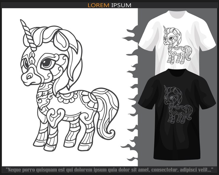 Vetor artes de mandala de unicórnio isoladas em camiseta preto e branco