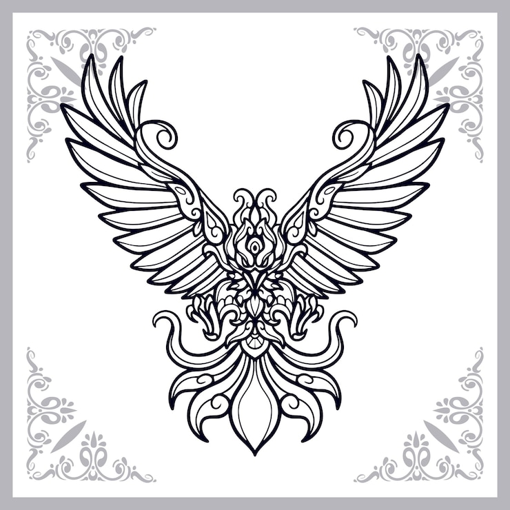 Vetor artes do zentangle do pássaro phoenix isoladas no fundo branco