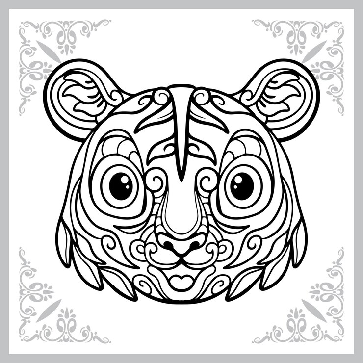 Vetor artes do zentangle dos desenhos animados da cabeça do tigre bonito isoladas no fundo branco