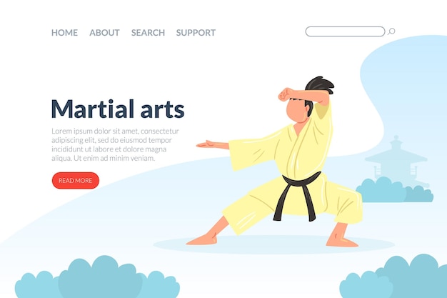 Artes marciais landing page template karate judo taekwondo aikido escola website homepage design artistas de artes marciais asiáticos ilustração vector cartoon