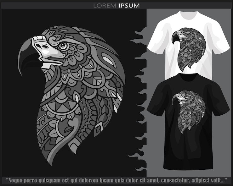 Vetor artes monocromáticas de mandala de cabeça de águia isoladas em camiseta preto e branco