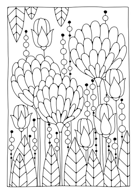 Arteterapia para crianças e adultos. fundo do vetor com flores para colorir. página do livro para colorir.