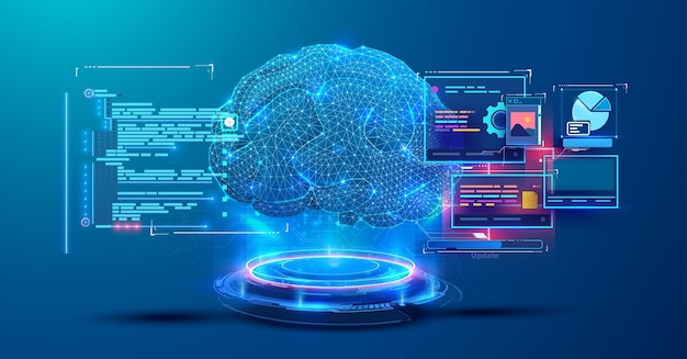 Artificial Intelligence Brain with Data Visualization and Interface Elements Glowing neon design showcases advanced technology coding and data visualization making it perfect for AI