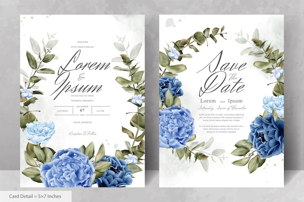 Artigo de papelaria elegante para casamento com guirlanda floral em aquarela com flores e folhas azul marinho