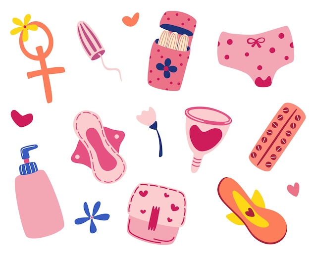 Vetor artigos de higiene feminina. período menstrual. conjunto de imagens desenhadas à mão: copos menstruais, absorventes internos, anticoncepcionais, absorventes, calcinhas, corações. itens de ilustração vetorial para menstruação isolada.