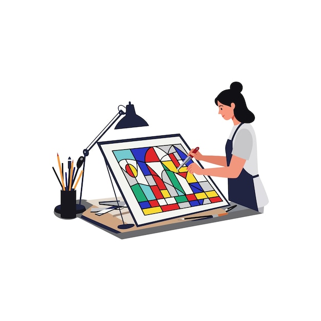 Artista criando design de vitrais coloridos em estilo de arte vetorial plana