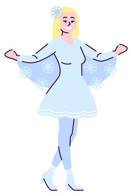 Artista feminina em fantasia de floco de neve ilustração vetorial de cor RGB semi plana. Figura em pé. Carreira na indústria do entretenimento. Personagem de desenho animado de personagem de Natal isolado em fundo branco