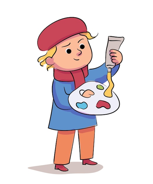 Vetor artista infantil colocando tinta a óleo na paleta isolada com sombra. garoto garoto espremer gota de cor do tubo no kit diy de madeira. preparação para desenho