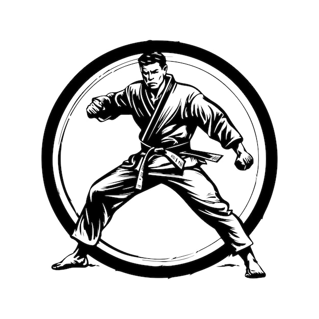 Artista marcial atlético, logotipo vintage, conceito de arte de linha, cor preto e branco, ilustração desenhada à mão