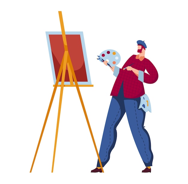 Artista masculino usando um chapéu pintando em tela homem criativo com pincel e paleta criando arte