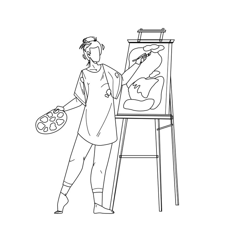 Vetor artista mulher pintura imagens na tela linha preta desenho de lápis vector. desenho e criação de artista jovem em estúdio com pincel e tinta. ilustração artística de criatividade de personagem