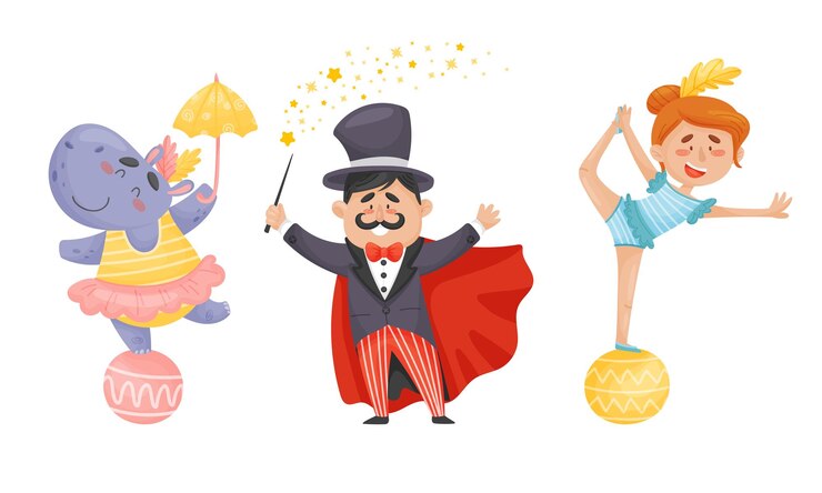 Vetor artistas de circo com hipopótamo equilibrando na bola e mágico mostrando truques vector set