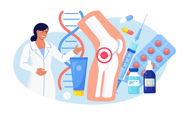 Vetor artrite da articulação do joelho. paciente que sofre de dores nas articulações. médico tratar reumatismo, osteoartrite, artrite reumatóide. exame médico