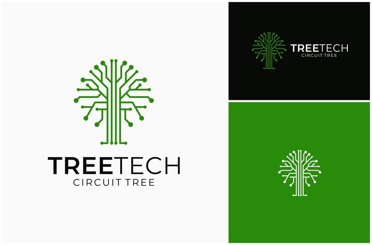 Vetor árvore circuito verde natural tecnologia eletrônica ilustração de design de logo vector futurista