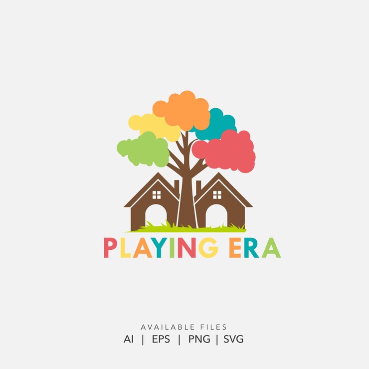 Vetor árvore colorida e casas logo vector ilustração árvore e casas logo template para pré-escolares