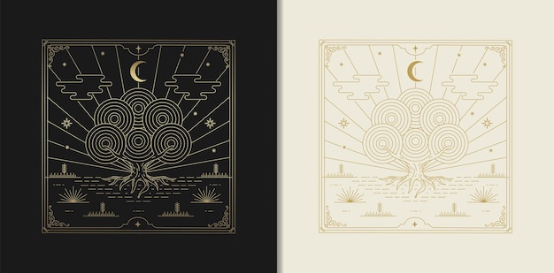 Árvore da vida sagrada com lua crescente no céu estrelado