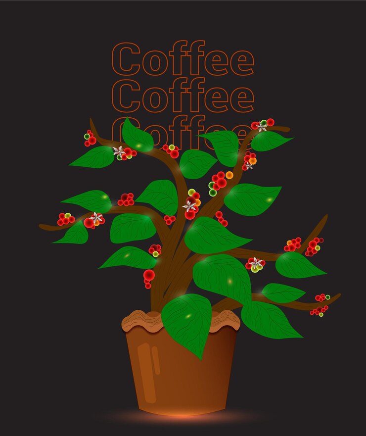 Vetor árvore de café com decoração de folhas e pote marrom