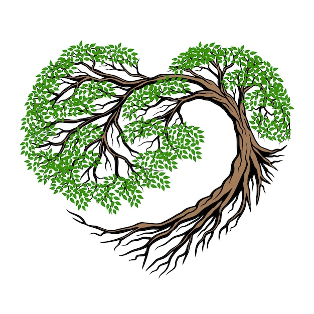Árvore de design de logotipo de raiz de carvalho com forma de coração para empresa com ícone de árvore