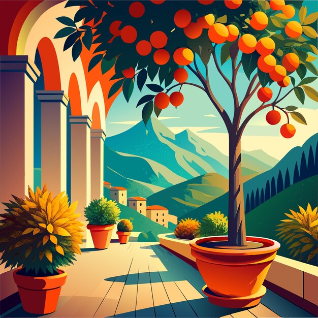 Árvore de frutas em uma ilustração vetorial de pote