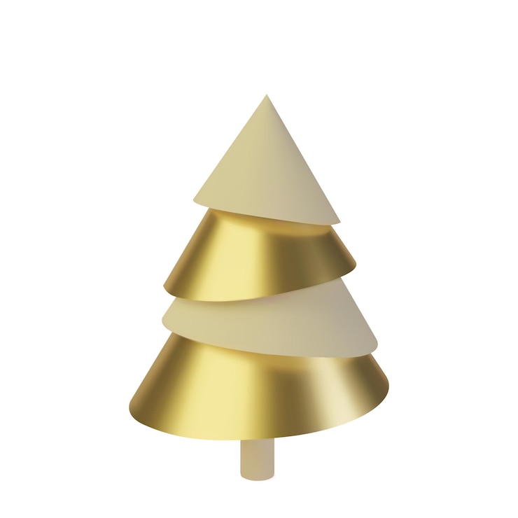 Vetor árvore de natal 3d dourada metálica fundo abstrato realista com forma de cone 3d com design minimalista para decoração moderna convite com feliz ano novo e ilustração vetorial de xmas