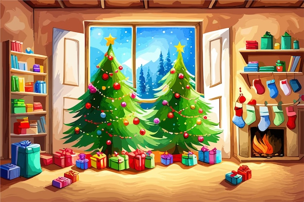 Árvore de natal aquarela com brinquedos e presentes na lareira de fundo com sala mágica de fogo vetor