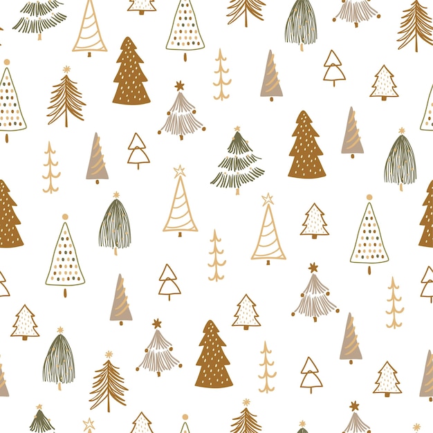 Árvore de Natal Boho padrão sem costura com árvores de abeto rústicas bonitas Vector repetição tecido de fundo