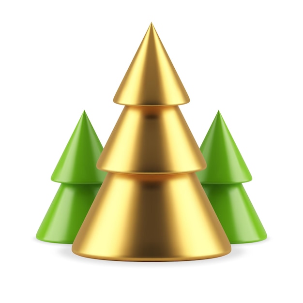 Árvore de natal bugiganga premium verde dourado brilhante design decorativo realista vetor de ícones 3d