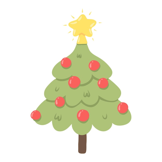 Árvore de natal com bolas e uma estrela símbolo do ano novo estilo desenhado ilustração vetorial