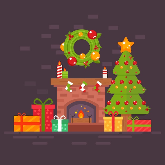 Árvore de natal com design plano de lareira