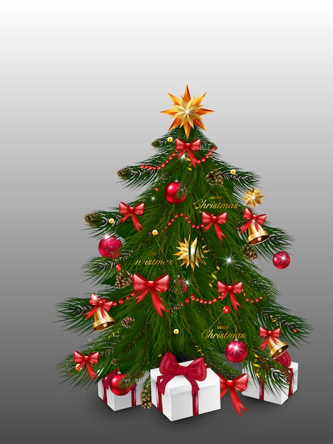 Árvore de natal com enfeites de natal - enfeites, estrelas, guirlandas, flocos de neve, lâmpadas. modelo de ilustração para design, cartão de felicitações, convite. feliz natal e feliz ano novo.