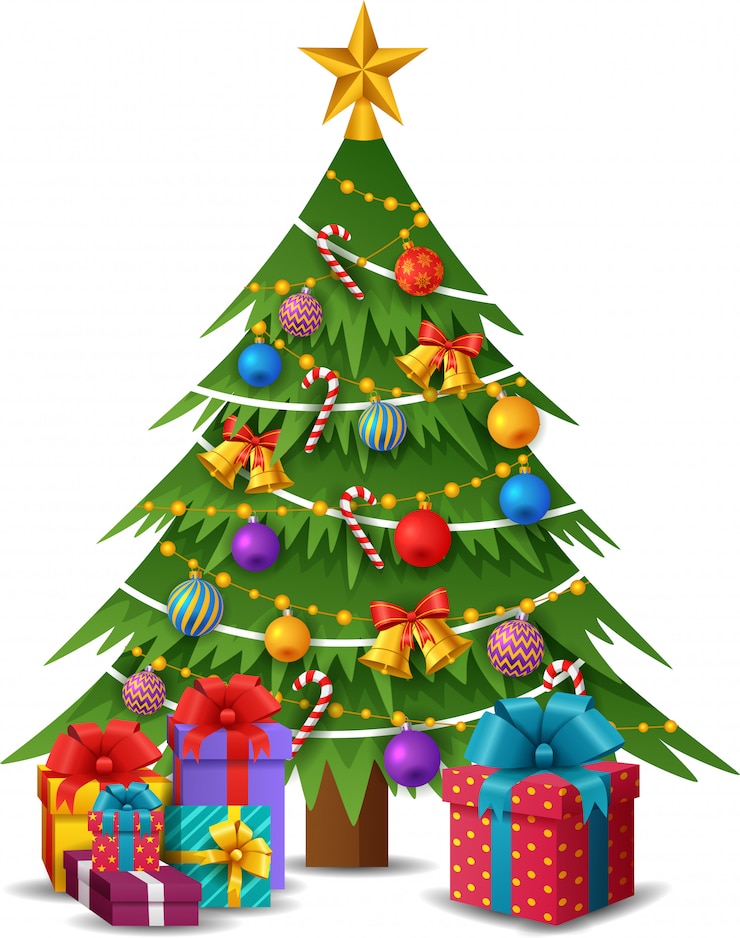 Vetor árvore de natal com enfeites e caixas de presente.