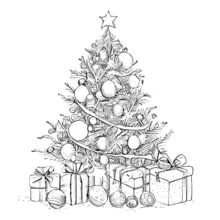 Vetor árvore de natal com esboço desenhado à mão de presentes em ilustração vetorial de estilo doodle.