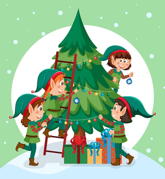 Árvore de natal com personagem de desenho animado de elfos